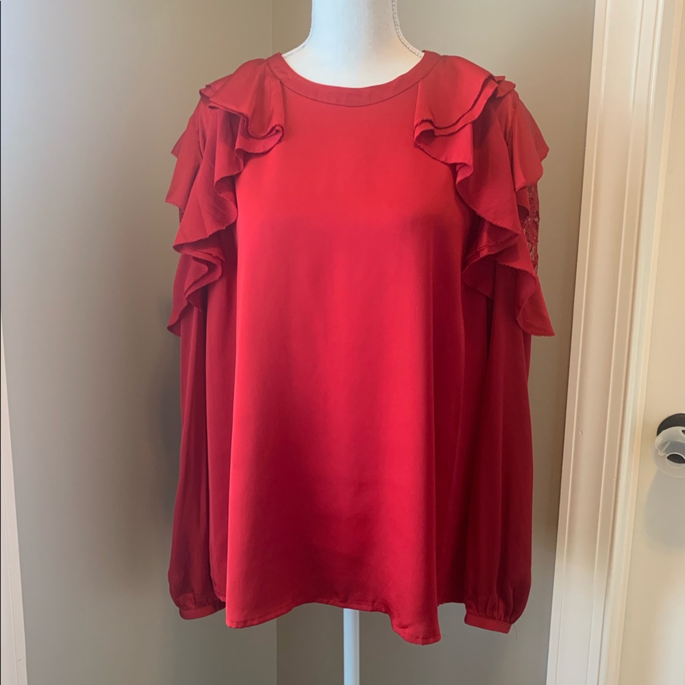 Worthington Red Ruffled Sleeves Plus Lace Top XXL